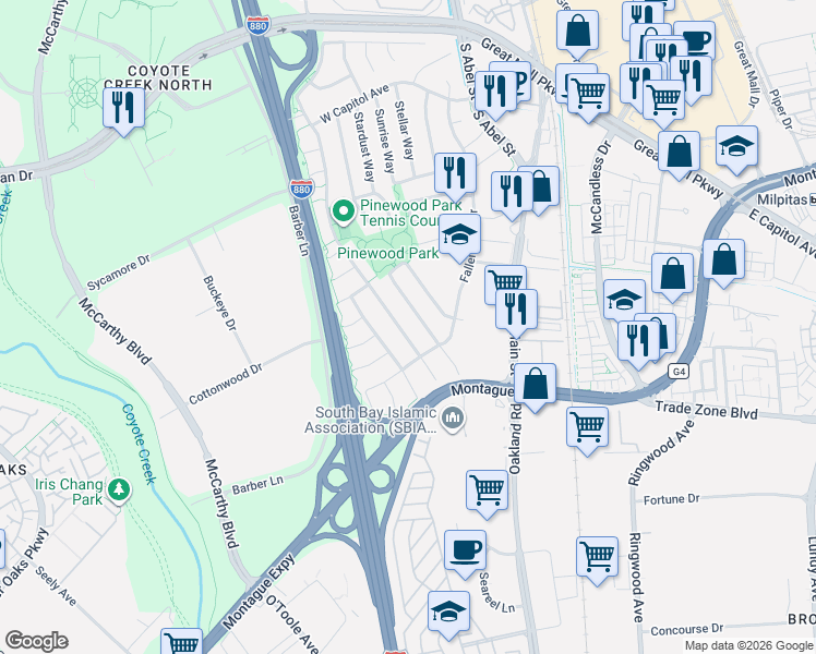 map of restaurants, bars, coffee shops, grocery stores, and more near 1644 Pinewood Way in Milpitas