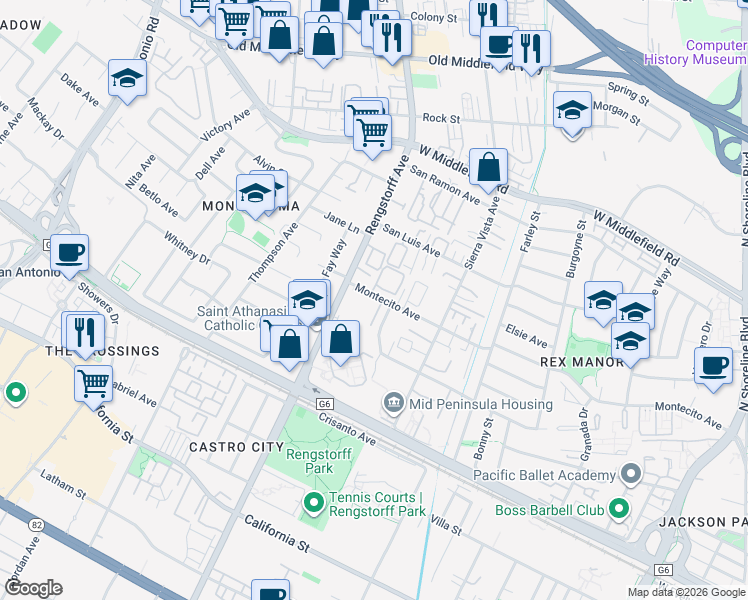 map of restaurants, bars, coffee shops, grocery stores, and more near in Mountain View