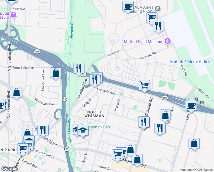 map of restaurants, bars, coffee shops, grocery stores, and more near 5 Fairchild Drive in Mountain View