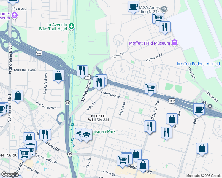 map of restaurants, bars, coffee shops, grocery stores, and more near 601 Cinnamon Circle in Mountain View