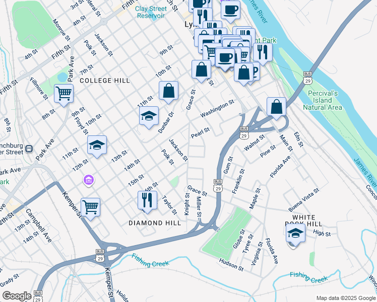 map of restaurants, bars, coffee shops, grocery stores, and more near Grace Street in Lynchburg