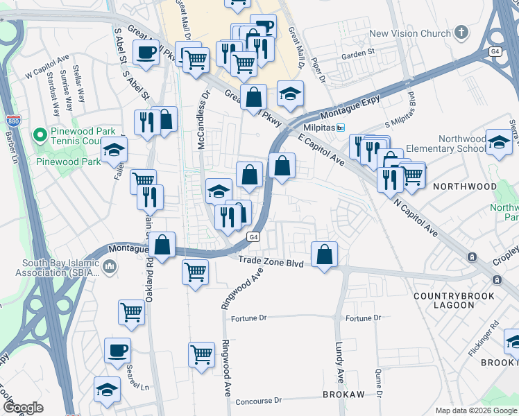 map of restaurants, bars, coffee shops, grocery stores, and more near 361 Montague Expressway in Milpitas