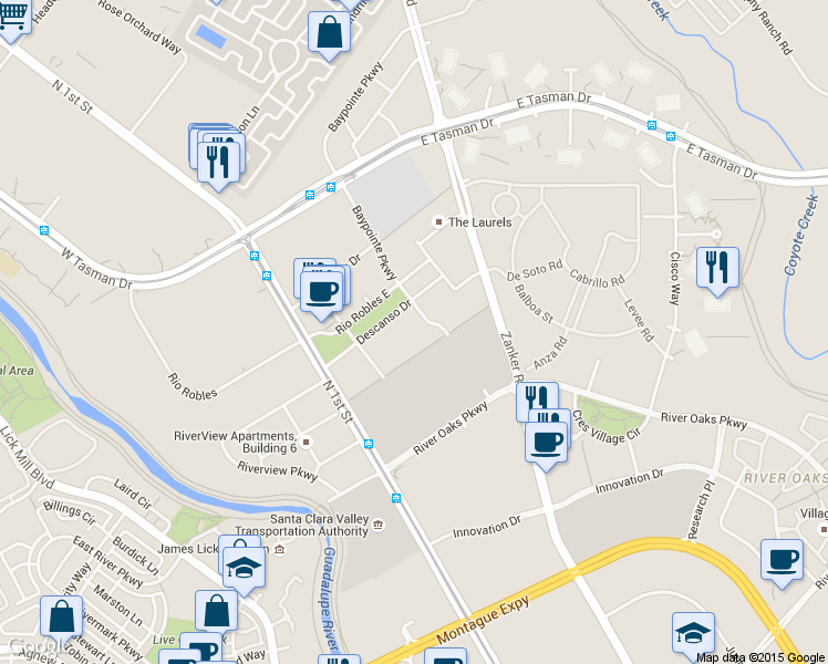 map of restaurants, bars, coffee shops, grocery stores, and more near 130 Descanso Drive in San Jose