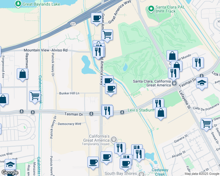 map of restaurants, bars, coffee shops, grocery stores, and more near 5201 Great America Parkway in Santa Clara