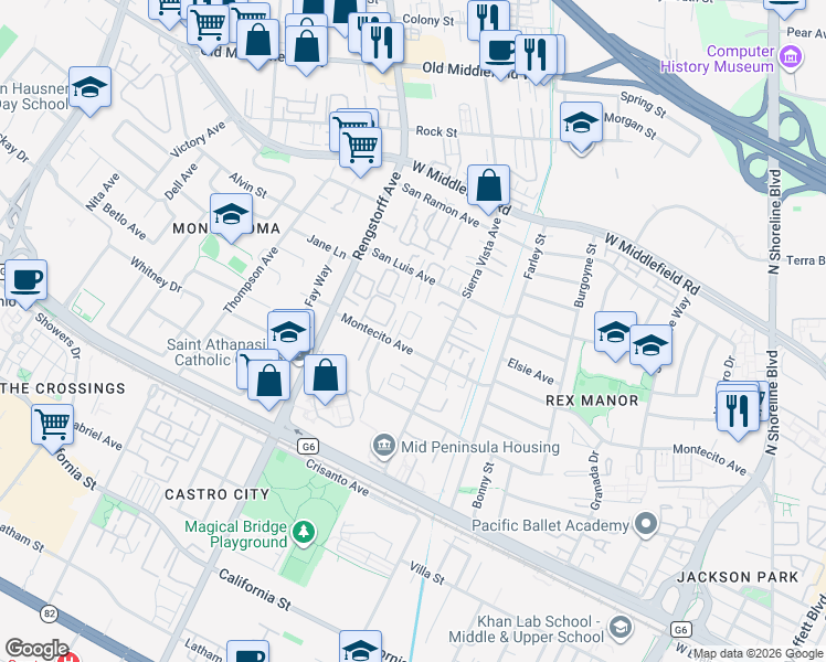 map of restaurants, bars, coffee shops, grocery stores, and more near 328 Marquetta Circle in Mountain View