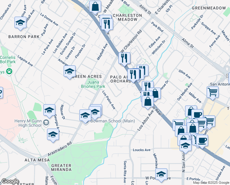 map of restaurants, bars, coffee shops, grocery stores, and more near 4279 Suzanne Drive in Palo Alto