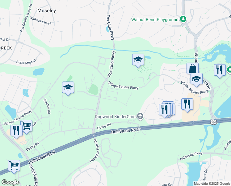 map of restaurants, bars, coffee shops, grocery stores, and more near 15041 Village Square Parkway in Chesterfield