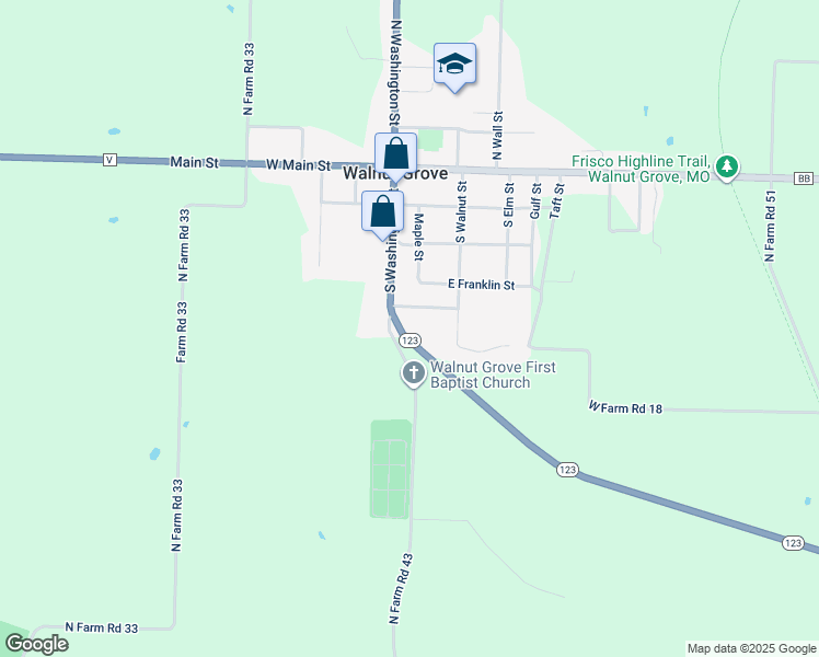 map of restaurants, bars, coffee shops, grocery stores, and more near 107 E Valley View Dr in Walnut Grove