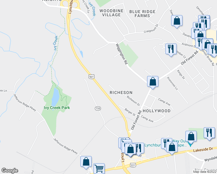 map of restaurants, bars, coffee shops, grocery stores, and more near 133 Richeson Drive in Lynchburg