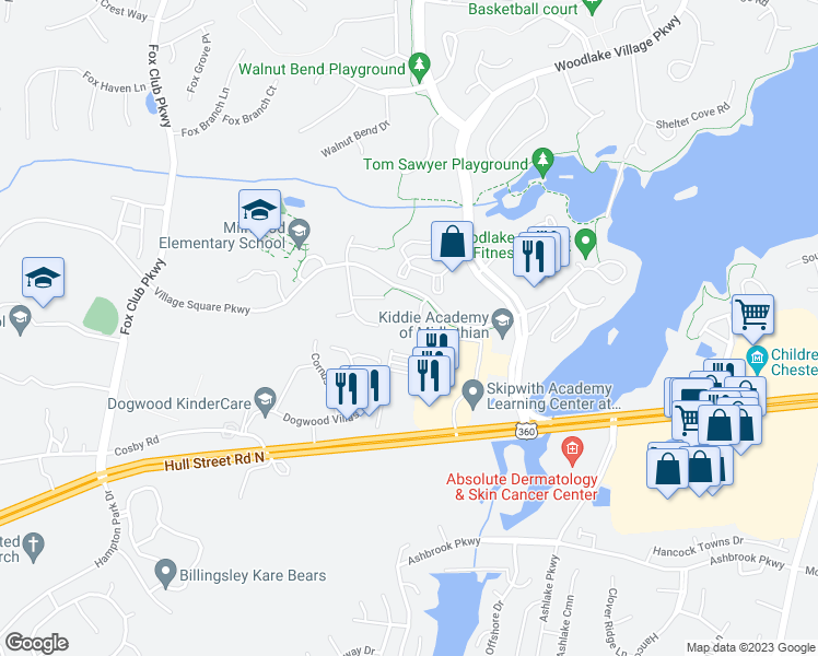 map of restaurants, bars, coffee shops, grocery stores, and more near 6630 Glen Ridge Court in Midlothian