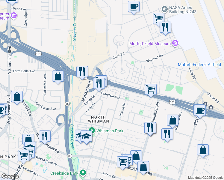 map of restaurants, bars, coffee shops, grocery stores, and more near 601 Cinnamon Circle in Mountain View