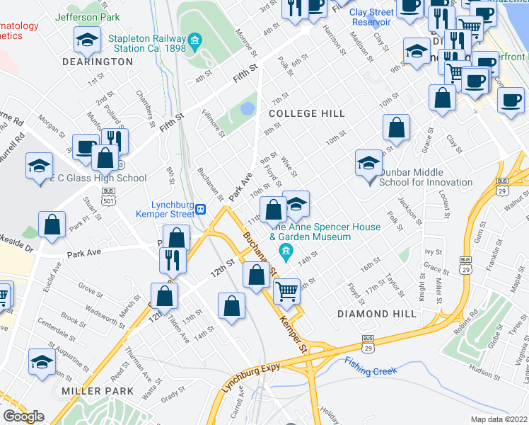 map of restaurants, bars, coffee shops, grocery stores, and more near 11th Street in Lynchburg