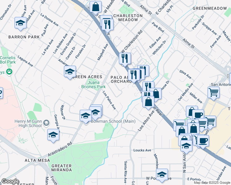 map of restaurants, bars, coffee shops, grocery stores, and more near 4279 Suzanne Drive in Palo Alto