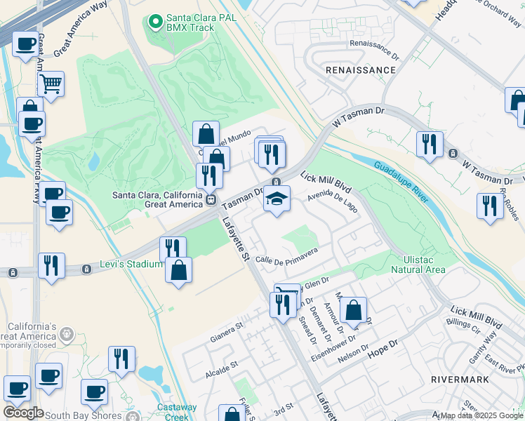 map of restaurants, bars, coffee shops, grocery stores, and more near 5034 Calle De Escuela in Santa Clara