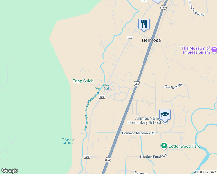 map of restaurants, bars, coffee shops, grocery stores, and more near 7555 County Road 203 in Durango