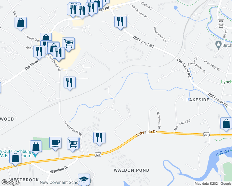 map of restaurants, bars, coffee shops, grocery stores, and more near 104 Brenleigh Court in Lynchburg