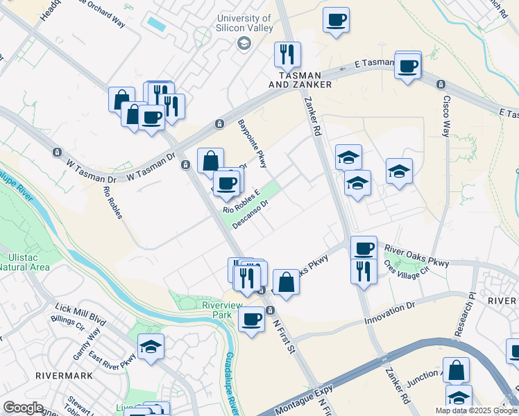 map of restaurants, bars, coffee shops, grocery stores, and more near 39 Rio Robles in San Jose