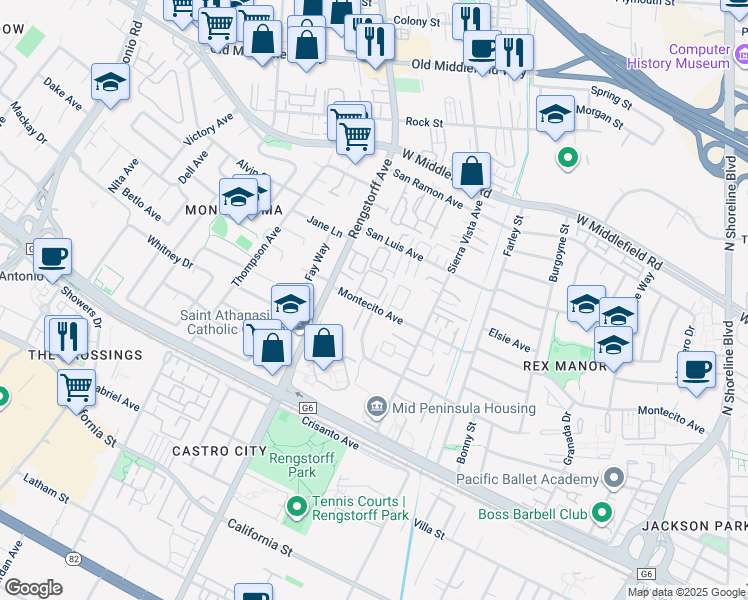 map of restaurants, bars, coffee shops, grocery stores, and more near 2012 Montecito Avenue in Mountain View