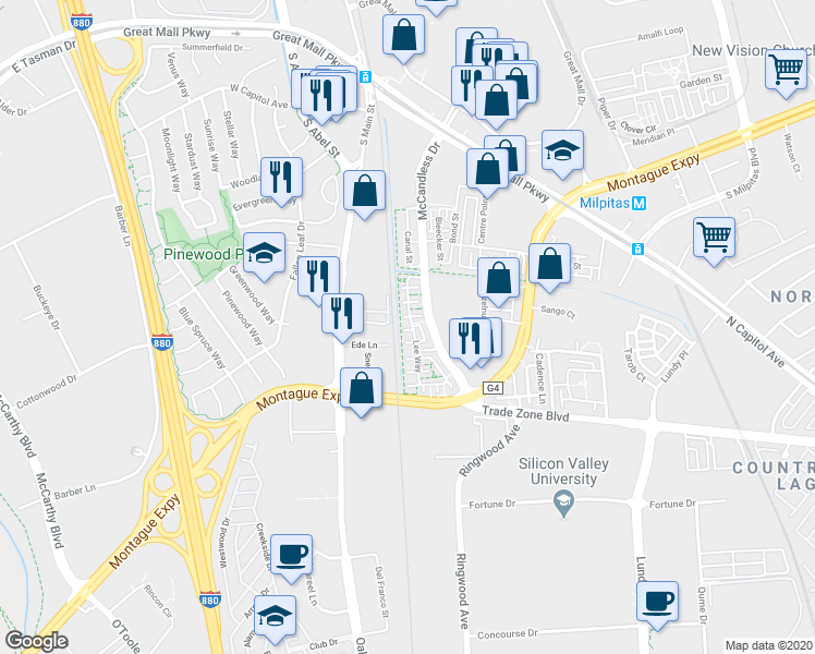 map of restaurants, bars, coffee shops, grocery stores, and more near 1705 Lee Way in Milpitas