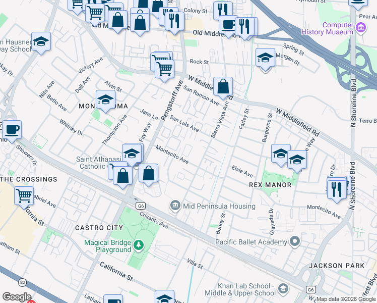 map of restaurants, bars, coffee shops, grocery stores, and more near 328 Marquetta Circle in Mountain View