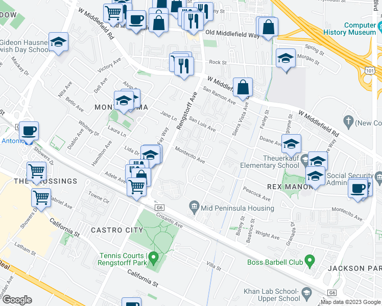 map of restaurants, bars, coffee shops, grocery stores, and more near 323 Serra San Bruno in Mountain View