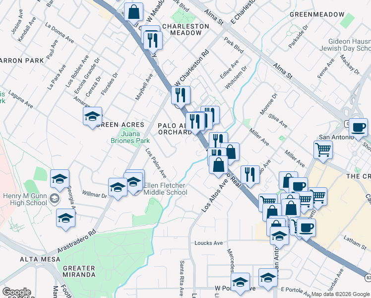 map of restaurants, bars, coffee shops, grocery stores, and more near 550 Suzanne Court in Palo Alto