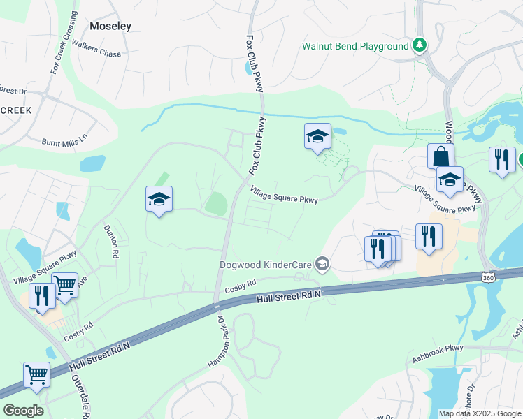map of restaurants, bars, coffee shops, grocery stores, and more near 15041 Village Square Parkway in Chesterfield