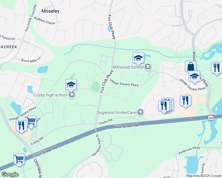 map of restaurants, bars, coffee shops, grocery stores, and more near 15041 Village Square Parkway in Chesterfield