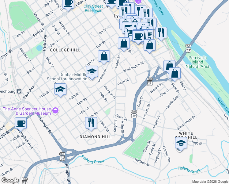 map of restaurants, bars, coffee shops, grocery stores, and more near 712 Pearl St in Lynchburg