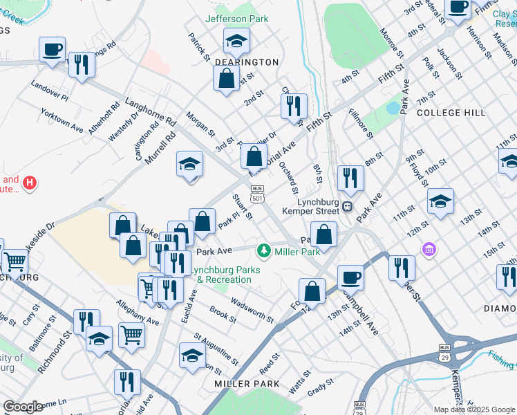 map of restaurants, bars, coffee shops, grocery stores, and more near 2025 Rose Lane in Lynchburg