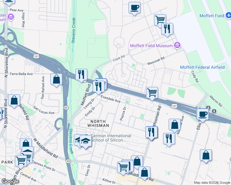 map of restaurants, bars, coffee shops, grocery stores, and more near 708 Macon Drive in Mountain View