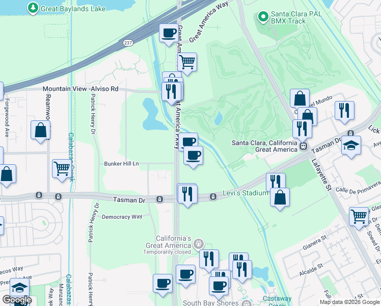 map of restaurants, bars, coffee shops, grocery stores, and more near 5201 Great America Parkway in Santa Clara