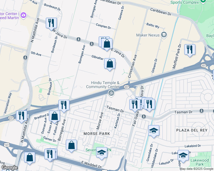 map of restaurants, bars, coffee shops, grocery stores, and more near 1221 Innsbruck Drive in Sunnyvale
