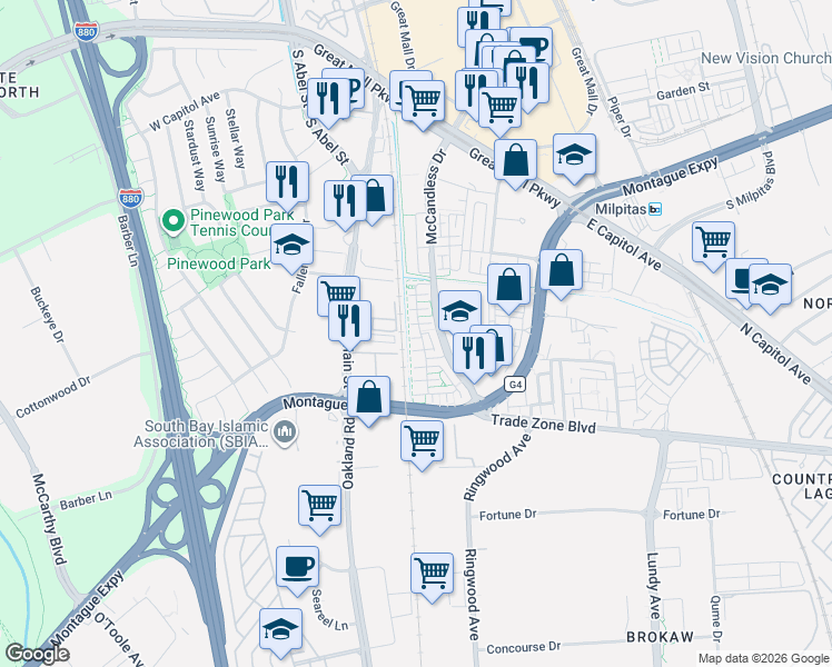 map of restaurants, bars, coffee shops, grocery stores, and more near 1705 Lee Way in Milpitas