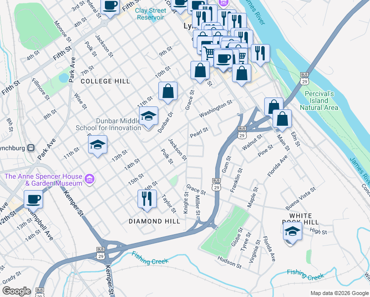 map of restaurants, bars, coffee shops, grocery stores, and more near 712 Pearl St in Lynchburg