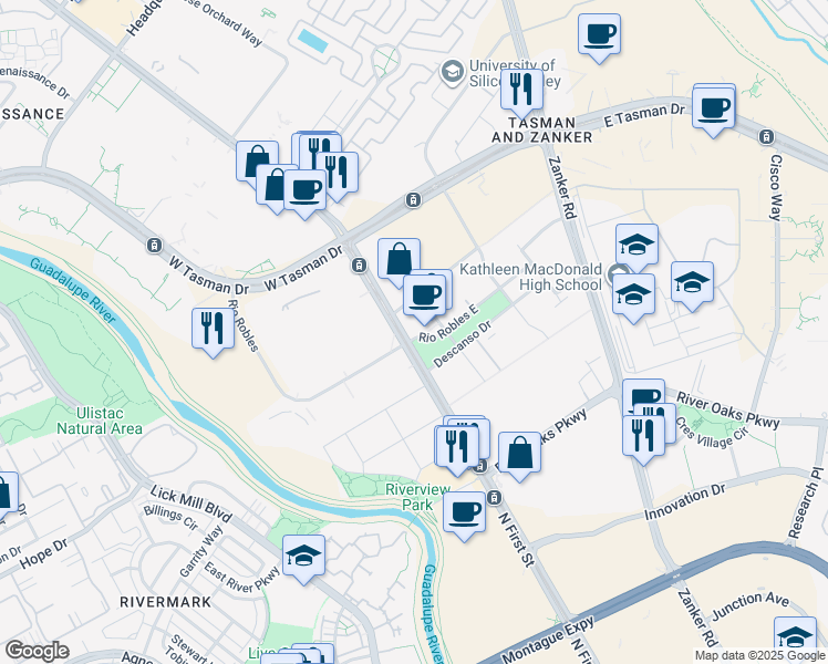 map of restaurants, bars, coffee shops, grocery stores, and more near 25 Rio Robles in San Jose