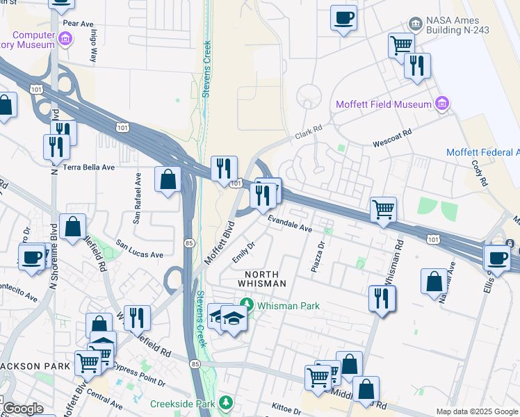 map of restaurants, bars, coffee shops, grocery stores, and more near 893 Leong Drive in Mountain View
