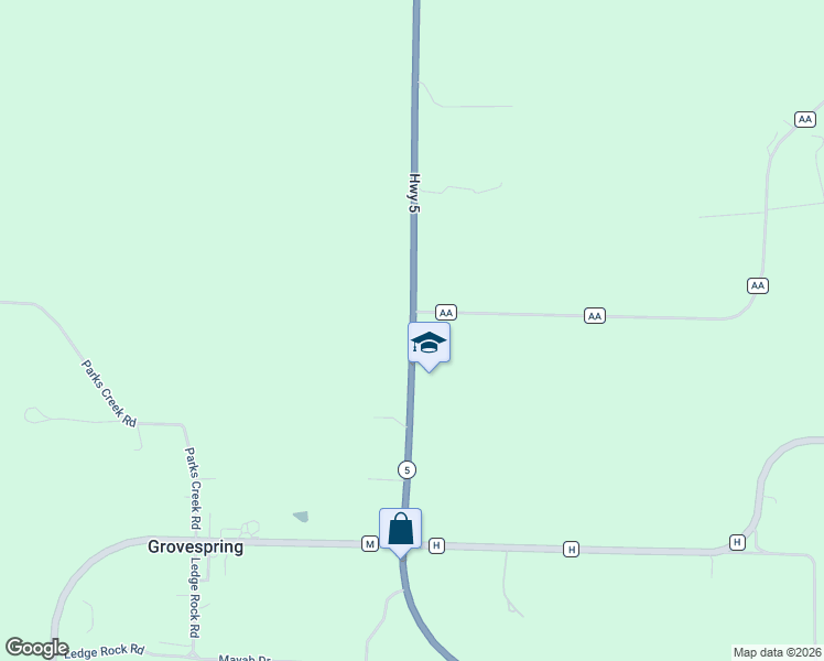 map of restaurants, bars, coffee shops, grocery stores, and more near 9545 Highway 5 in Grovespring