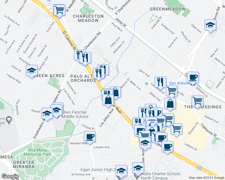 map of restaurants, bars, coffee shops, grocery stores, and more near 412 Cole Court in Palo Alto