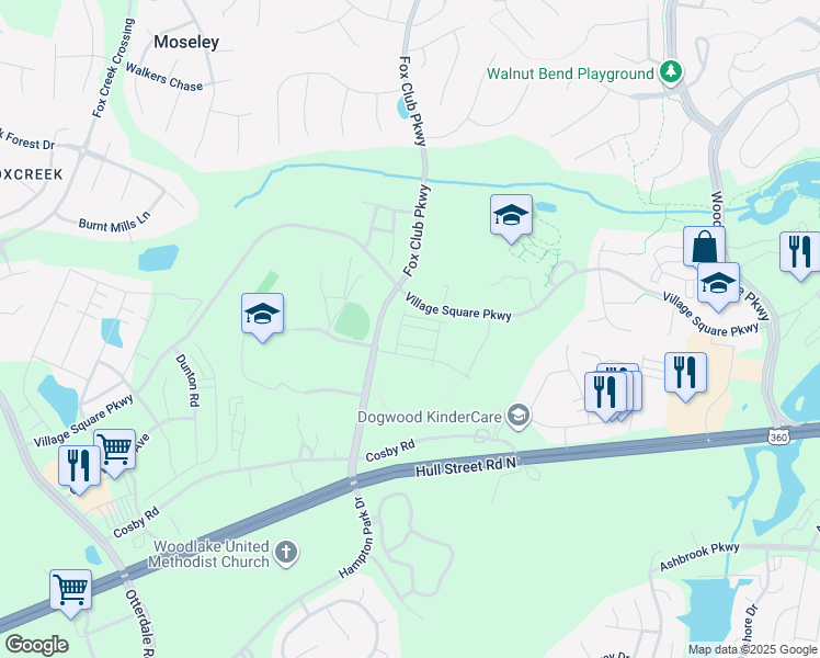 map of restaurants, bars, coffee shops, grocery stores, and more near 15375 Sunray Alley in Midlothian