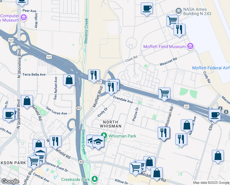 map of restaurants, bars, coffee shops, grocery stores, and more near 893 Leong Drive in Mountain View