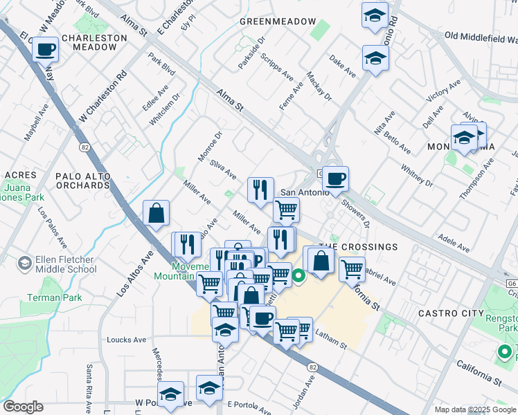 map of restaurants, bars, coffee shops, grocery stores, and more near 2650 California Street in Mountain View