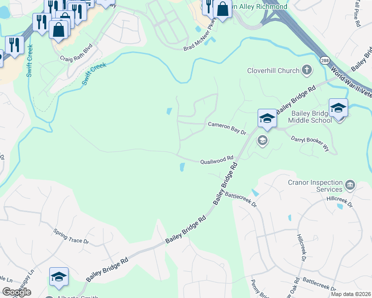 map of restaurants, bars, coffee shops, grocery stores, and more near 6201 Walking Path Lane in Midlothian