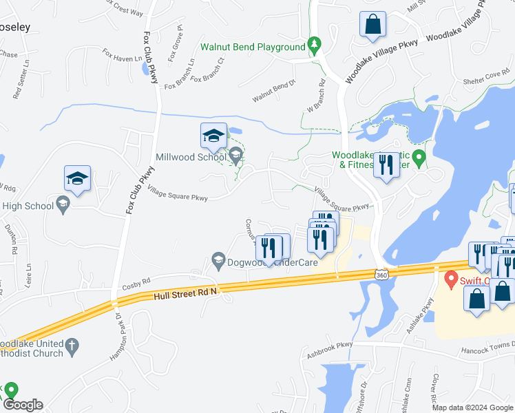 map of restaurants, bars, coffee shops, grocery stores, and more near 15123 Manor Gate Place in Midlothian