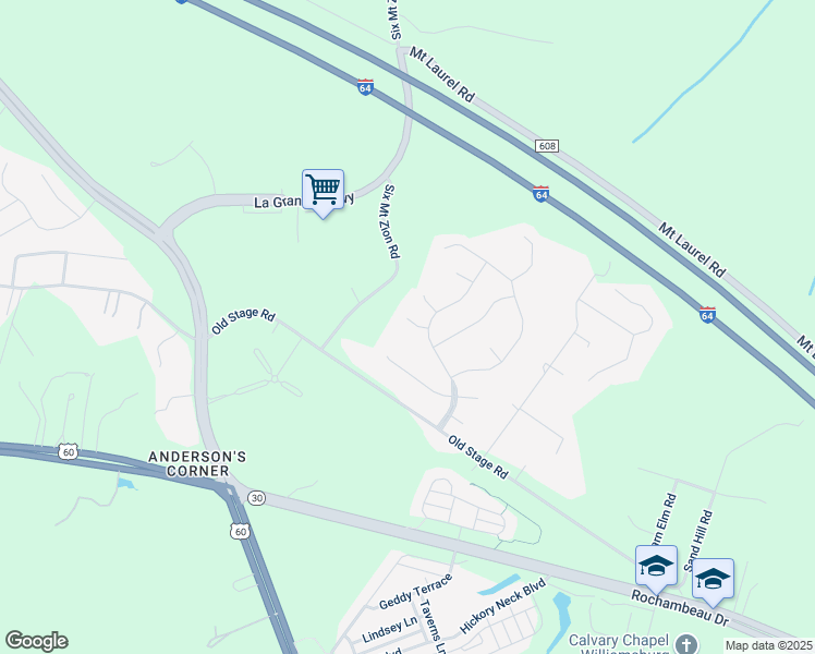 map of restaurants, bars, coffee shops, grocery stores, and more near 3509 Edward Terrace in Toano