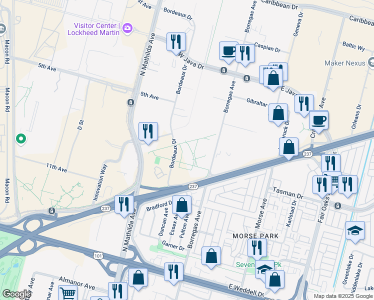 map of restaurants, bars, coffee shops, grocery stores, and more near 1170 Bordeaux Drive in Sunnyvale