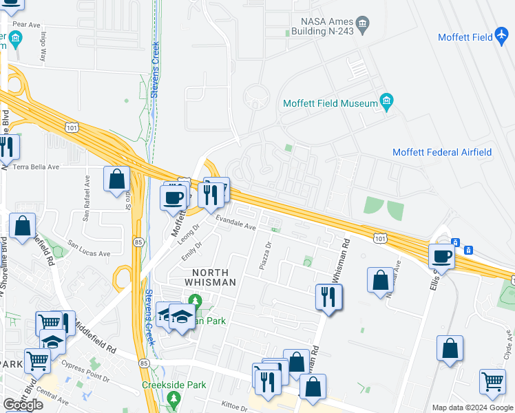 map of restaurants, bars, coffee shops, grocery stores, and more near 708 Macon Drive in Mountain View