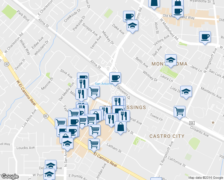 map of restaurants, bars, coffee shops, grocery stores, and more near 2225 Showers Drive in Mountain View