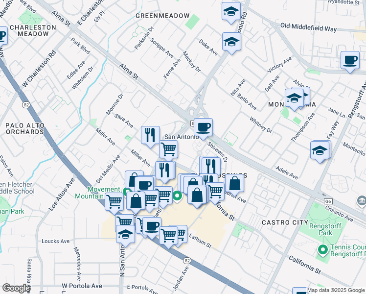 map of restaurants, bars, coffee shops, grocery stores, and more near 201 San Antonio Circle in Mountain View
