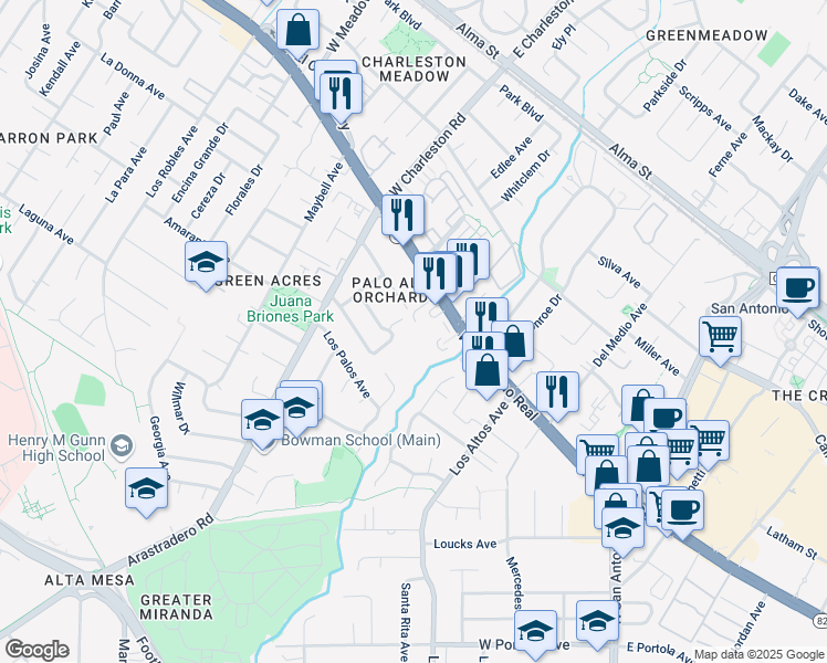 map of restaurants, bars, coffee shops, grocery stores, and more near 550 Suzanne Court in Palo Alto